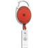 A red retractable badge holder with a silver clip and clear components, featuring a logo on the surface.