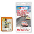 A clear badge holder with a top slot, featuring a NASCAR logo and images of race cars. Suitable for displaying membership cards.