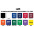 A colour palette featuring standard lanyard material colours, including black, white, blues, red, green, yellow, and others.