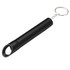 A black drink bottle opener keychain with a metal ring for attaching to accessories. It has a sleek, cylindrical design.