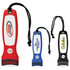 A set of three magnetic flashlights in red, blue, and black, featuring various logos and attached wrist straps.