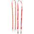 A vibrant orange and red lanyard with dual attachments and a logo, featuring a smooth design.