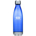 A drink bottle in blue with a metallic silver base, featuring a logo on the front.