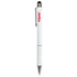 A white stylus pen with a shiny silver clip and tip, featuring a logo on its body.
