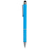 A blue stylus pen with a shiny silver trim and a black tip for touchscreen devices. The pen features a logo.