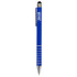 A blue stylus pen with a silver grip and a logo on the barrel. It features a pen tip and a touchscreen stylus.