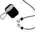 A set of white earbuds with a black carrying case and a metal clip for attachment. The earbuds are wired.