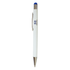 A white stylus pen with a blue tip and silver accents, featuring a branding logo on the barrel.