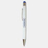 A white stylus pen with a blue tip and a silver clip, featuring a branding logo.