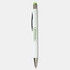 A white stylus pen featuring a green accent, with a logo on its side.
