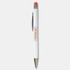 A white stylus pen with a chrome clip and an orange tip, featuring a branded section.