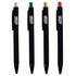 A collection of four black plastic pens with silver, green, gold, and red tips, featuring a logo.
