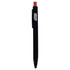 A black plastic pen with a red top and a branding logo.