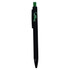A black plastic pen with a green accent and a clip, featuring a branding logo.