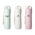 A drink bottle set featuring three colours: pale green, white, and light pink, with logos on each.