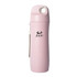 A drink bottle in a light pink colour made from wheat straw, featuring a logo and a clip.