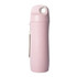 A drink bottle in pastel pink made from wheat straw, featuring a loop for easy carrying and a sleek design.