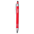 A metal pen in vibrant red with silver accents and a logo. It features a stylus tip on the end.