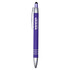 A purple metal pen with a silver clip and accents, featuring a rubber stylus tip and a logo.