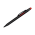 A black stylus pen with a red tip, featuring a branding logo on the barrel.