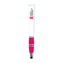 A stylus pen with a white barrel and a pink grip, featuring a logo.