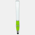 A stylus pen with a white body and a green grip, featuring a silver band and tip. It has a logo on the body.