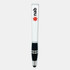 A white stylus pen with a black grip and an emblem on the side. It features a shiny silver top and accents.