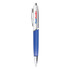 A metal pen featuring a blue barrel and silver accents, with a branding logo displayed on it.