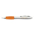 A silver pen with an orange grip and branding on the barrel, designed for writing purposes.
