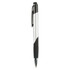 A plastic pen featuring a silver barrel, black accents, and a rubberised grip. It has a clip and a logo.