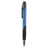 A plastic pen featuring a blue barrel and black grip, with a clip and a branded logo.