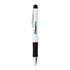 A plastic pen with a white barrel, black grip, and a logo. It features a silver clip and a ballpoint tip.