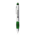 A metal pen with a silver barrel and green grip, featuring a logo on the side.
