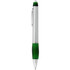 A silver metal pen with a green grip, featuring a clip and a logo on the body.