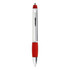 A metal pen with a chrome body and a red rubber grip, featuring a clip and a logo.