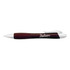 A metallic pen in dark maroon with silver accents and a logo on the barrel. Ideal for writing.