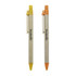 Two pens are displayed, one in yellow and the other in orange, both featuring a branding logo.