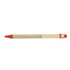 A pen with a natural kraft barrel and red accents, featuring a rounded top and a logo.
