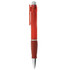 A red plastic pen with a silver tip and a clip. It features a transparent barrel and a brown grip section.