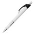 A metal pen in white and black, featuring a clip and a sleek design, with a logo on its body.