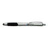 A silver stylus pen with a rubber grip and a logo on the barrel, designed for writing and touchscreen use.