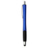 A blue stylus pen with a silver clip and a textured black grip, featuring a branding logo.