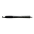 A stylus pen in black and silver, featuring a textured grip and a branding logo.