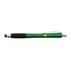 A green stylus pen with a black rubber grip and silver accents, featuring a logo.