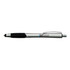 A silver stylus pen with a black grip and a logo on its body.