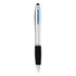 A silver stylus pen with a black rubber grip, featuring a logo on the barrel.