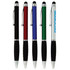 A collection of five stylus pens in black, red, blue, green, and silver, each featuring a black rubber grip and a logo.
