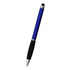 A blue stylus pen with a black grip and silver accents, featuring a branding logo.