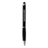 A black stylus pen with a textured grip and a round tip, featuring a logo.