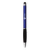 A blue stylus pen with a black rubber grip and a silver tip. It features a logo.